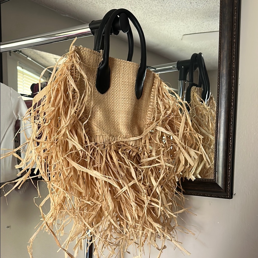 Straw Fringe Tote Bag with Black Handles
